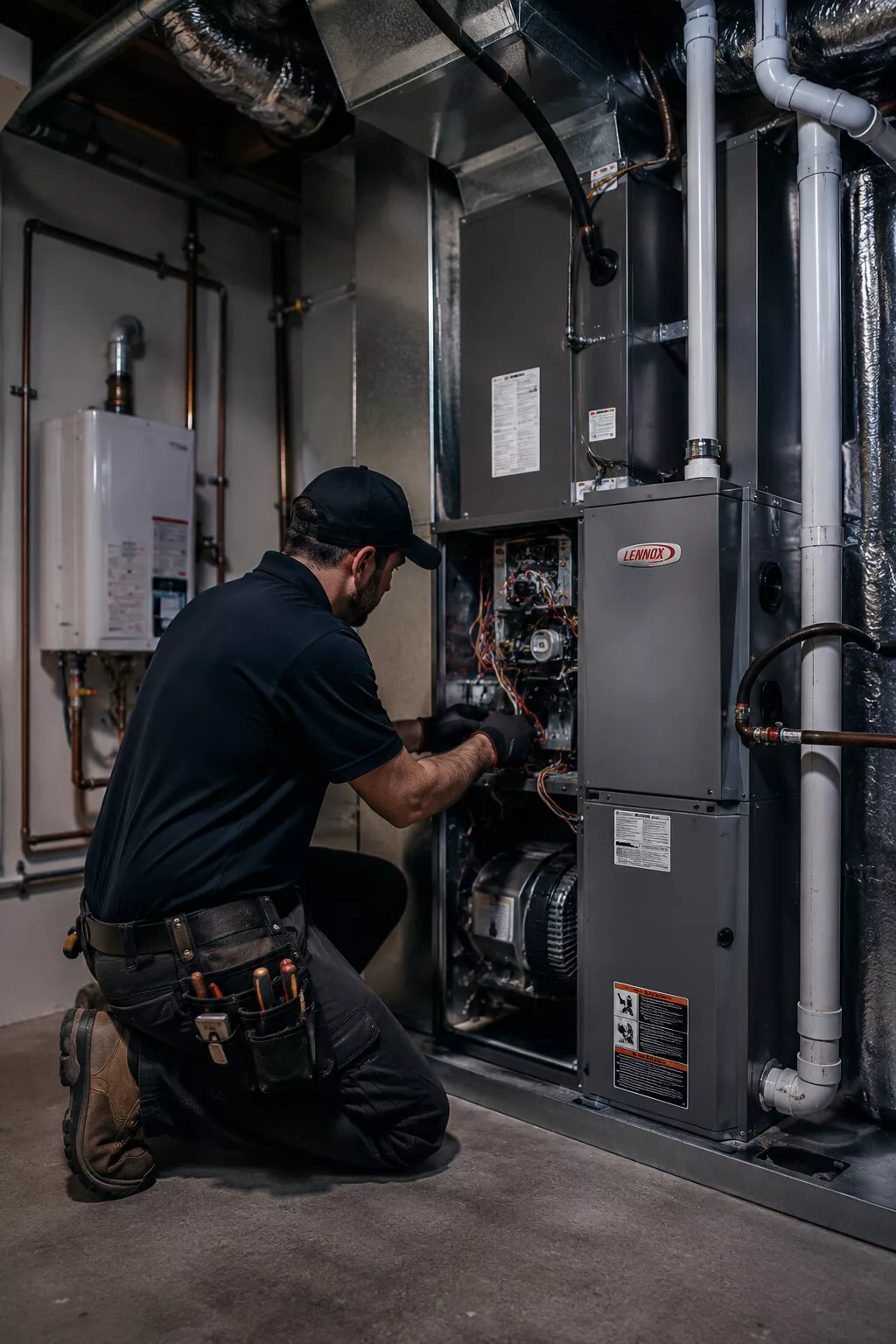 Technician diagnosing a furnace in Thornton, CO