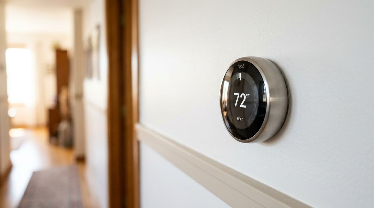 Thermostat mounted on a living room wall